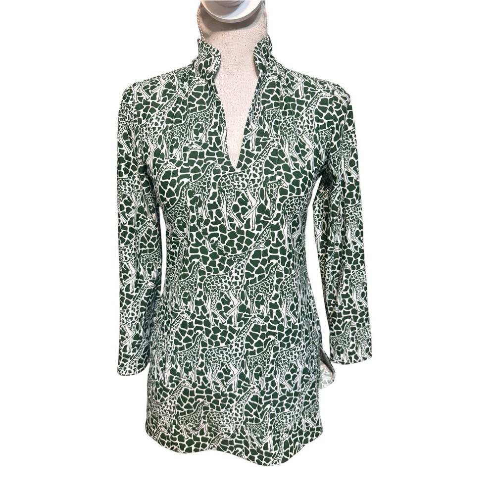 Jude Connally Chris Tunic Blouse Jude Cloth Green Giraffe Novelty Print Nylon XS